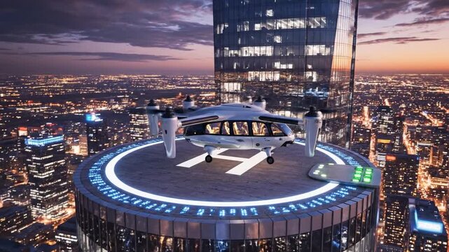 Futuristic eVTOL aircraft lands on helipad atop skyscraper at twilight city skyline