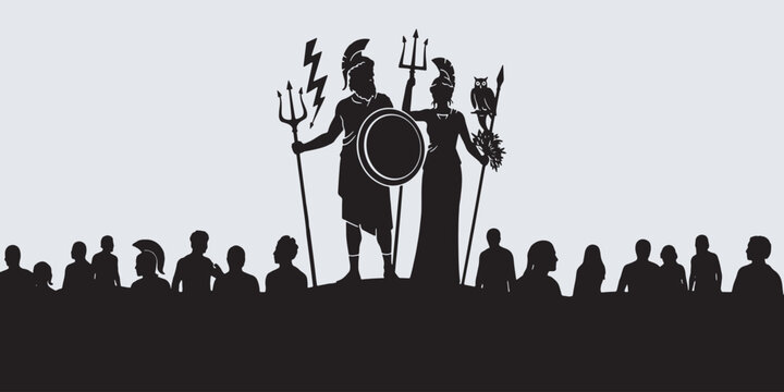 Silhouettes of ancient Greek gods Zeus and Athena standing before a crowd of people.
