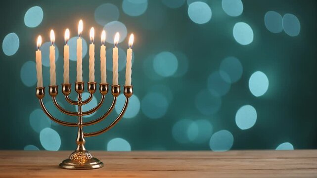 Jewish holiday Hanukkah with menorah and lit candles on isolated bokeh background.