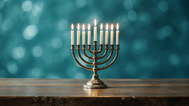 Jewish holiday Hanukkah with menorah and lit candles on isolated bokeh background.