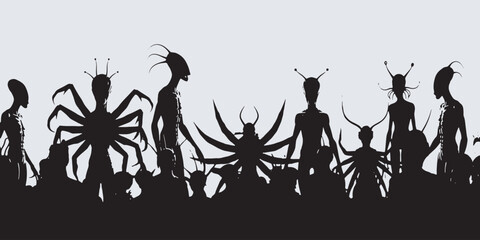 A diverse group of alien creatures and insects in silhouette against a light background. © Riki