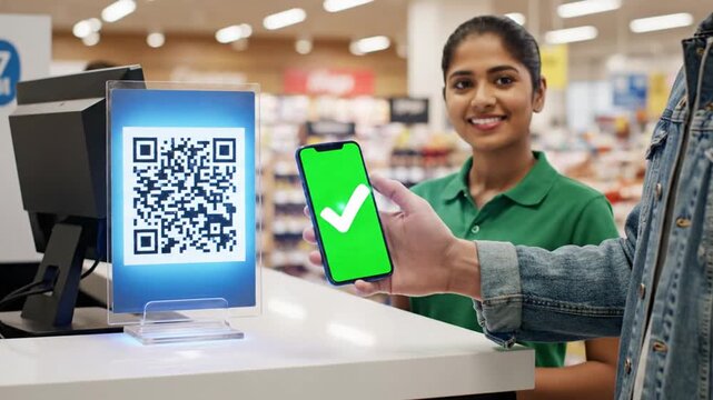 Customer uses smartphone to scan QR code for contactless payment at checkout counter