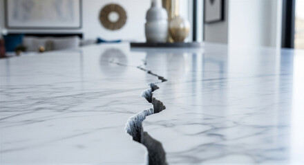 Closeup of a deep crack running through a white marble countertop or surface, suggesting damage or earthquake