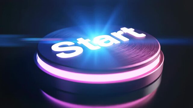 Glowing purple start button with pink light on dark background