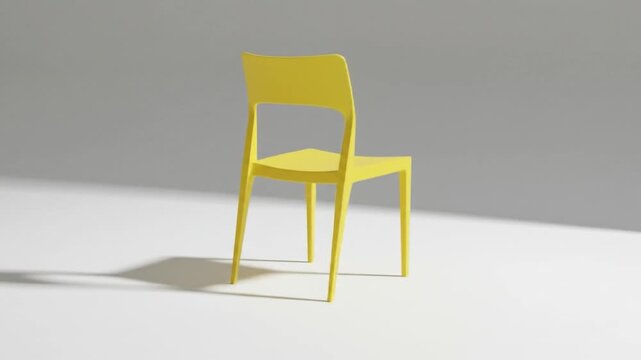 A yellow chair stands in a bright neutral setting casting a shadow on the floor The chair faces forward