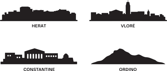 Obraz premium City skylines silhouettes Herat Vlore Constantine Ordino famous cities global architecture vector graphic