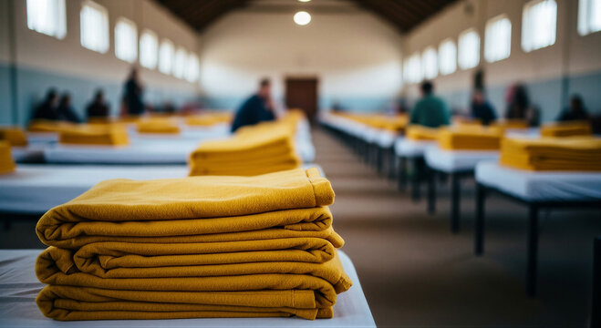 Stack of yellow towels on table in large shelter or dormitory setting with people seated in background