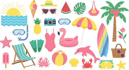 Flat vector illustration set of summer vacation elements including sun sea waves flamingo swimsuit surfboard umbrella beach chair ice cream and palm trees.
