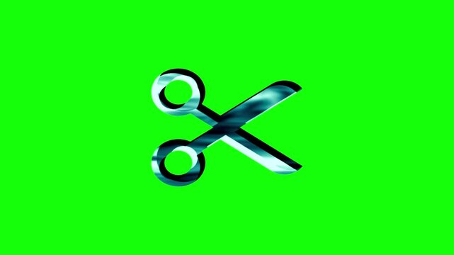 Metallic silver scissors icon zooming in on green screen background for video production