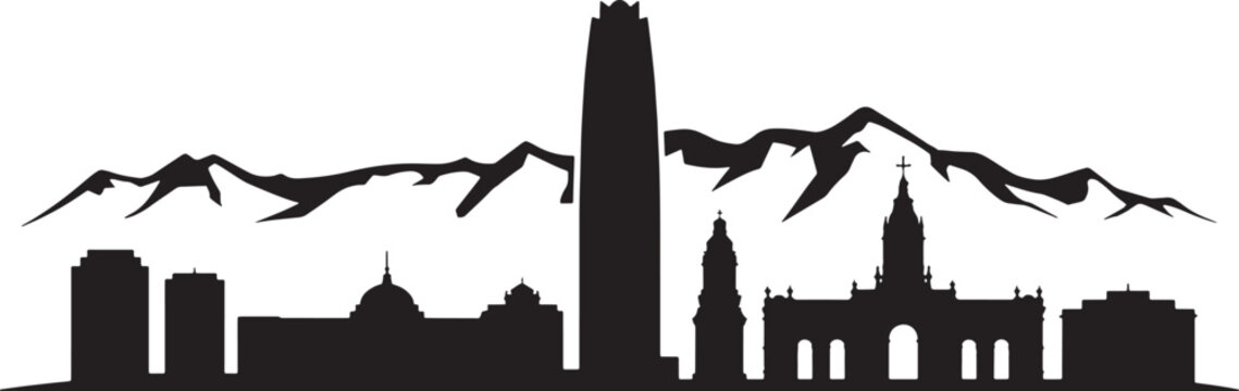 Iconic city skyline with high rise tower set against majestic Andean mountain range