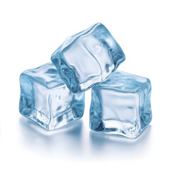 Obraz premium Three clear ice cubes stacked on a reflective surface, capturing light and showcasing their glossy texture.