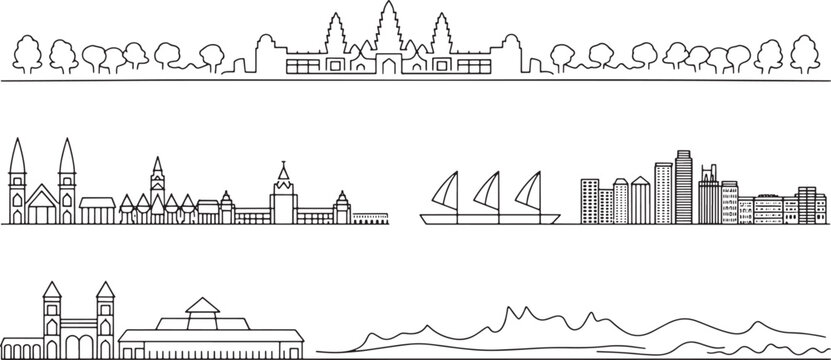 Panoramic city horizons and ancient temple complexes in thin line vector art for travel designs