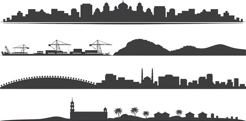 Obraz premium Various city skylines with different urban landscapes coastal scenes and natural elements silhouettes