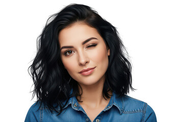 Young woman with dark hair smiling softly isolated on transparent background