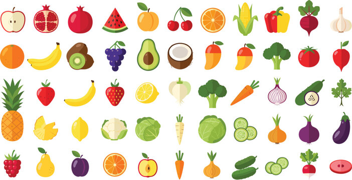 Flat vector illustration set of fresh organic fruits and vegetables including apple banana strawberry pineapple carrot broccoli corn avocado watermelon and healthy greens.