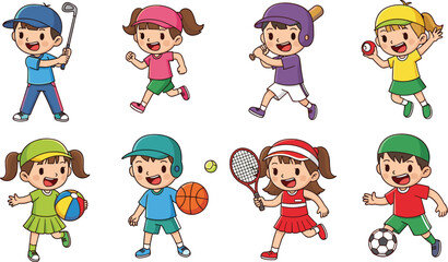 Naklejka premium Cute, cartoon, kids, sports, collection, featuring, golf, running, baseball, cricket, volleyball, basketball, tennis, and, soccer, children,