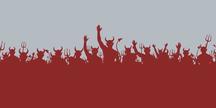 A large crowd of silhouetted devils with horns and pitchforks raising their hands in celebration or protest against a light blue background.
