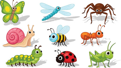 Cute, cartoon, insects, set, with, butterfly, dragonfly, spider, snail, bee, ant, caterpillar, ladybug, grasshopper, garden, nature, wildlife