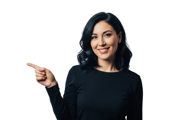 Woman pointing with a smile isolated on transparent background