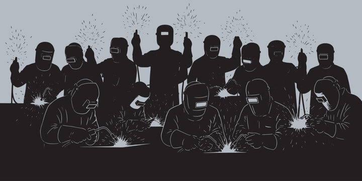 A group of welders working together, silhouetted against a light background with sparks flying.