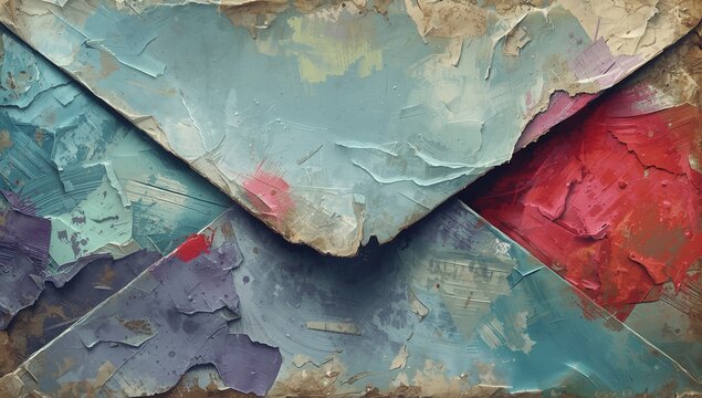 Vintage envelope with textured surfaces in faded colors of blue, red, and purple against a muted background