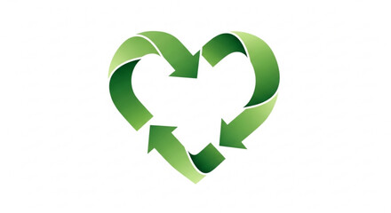 Green heart shaped recycling symbol with arrows on white background