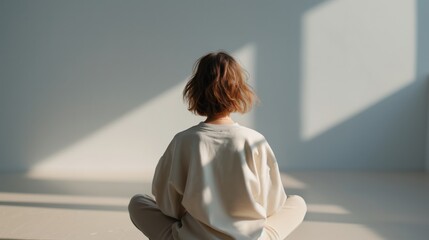 Rear view of a woman sitting calmly in a bright room for meditation.