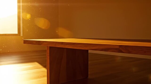Warm sunlight illuminates a dust-filled room highlighting a wooden table and a bright floor patch