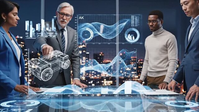 Diverse business team analyzing 3D car model and data graphs on interactive holographic display in dark office, futuristic technology concept