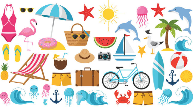 Flat vector illustration set of summer beach elements including flamingo swimsuit surfboard bicycle sailboat suitcase coconut drink jellyfish and sea waves for vacation.
