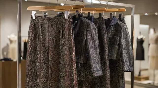 Medium shot capturing ornate brocade formal skirts with complementary tops on hangers highlighting intricate fabric textures in a fashion setting.