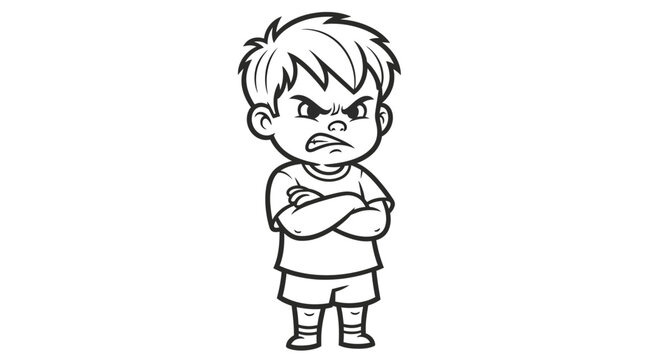 Angry little boy standing with arms crossed.