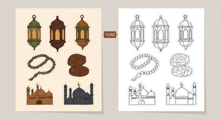 Islamic lanterns beads and mosques set of illustrations with outlines and colors