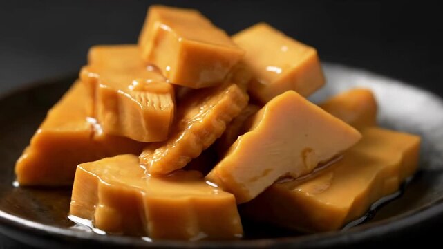 Appetizing Pile of Traditional Japanese Menma (Braised Bamboo Shoots) Seasoned with Soy Sauce and Mirin, Served on a Dark Plate for Asian Cuisine