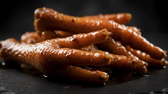 Macro shot of traditional Chinese braised chicken feet (Feng Zhao or Phoenix Claws) with a shiny savory glaze, served as an exotic Asian food delicacy on a dark background.