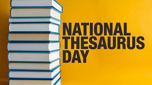 National thesaurus day celebration with stacked books on yellow background
