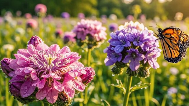 Monarch butterfly on purple scabiosa flowers in a sunny meadow, close-up nature video