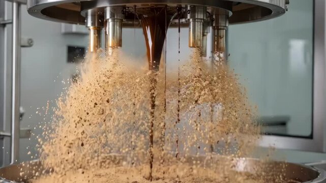 Medium shot of coffee flavor atomization process with rich brown liquid turning into delicate flowing powder in a modern encapsulation spray drying setup.