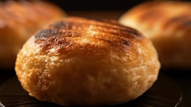 Macro Shot of Perfectly Baked Golden Brown Savory Chinese Sesame Paste Bun or Shao Bing Pastry with Char Marks on a Dark Background