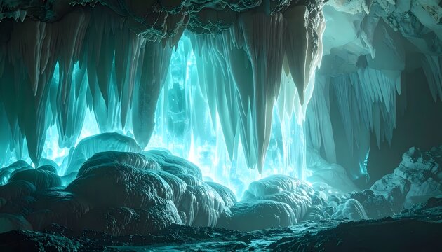 Dramatic View of a Deep Cave Interior with Massive Stalactites and Flowstone Formations, Illuminated by Ethereal Turquoise and Cyan Light.