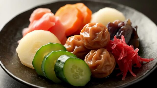 Japanese Tsukemono Assortment: Close-up of traditional colorful pickled vegetables including umeboshi plums, sliced cucumber, and ginger served on a dark dish, highlighting authentic Asian cuisine.