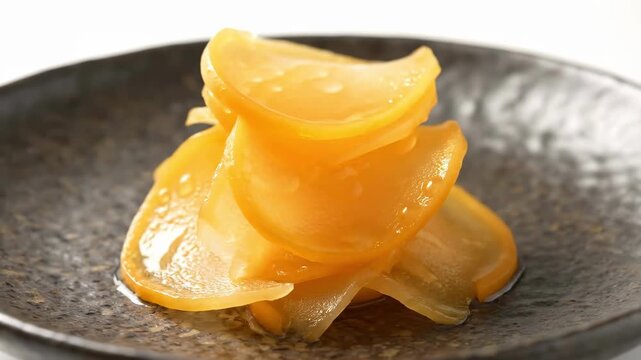 Close-up of bright orange Japanese pickled vegetables (Tsukemono) served in thin slices on a dark, rustic plate against a white background.