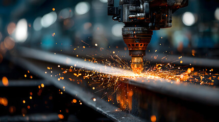 Powerful industrial robotic arm welding steel creates bright spark showers dark factory showing advanced manufacturing automation technology work