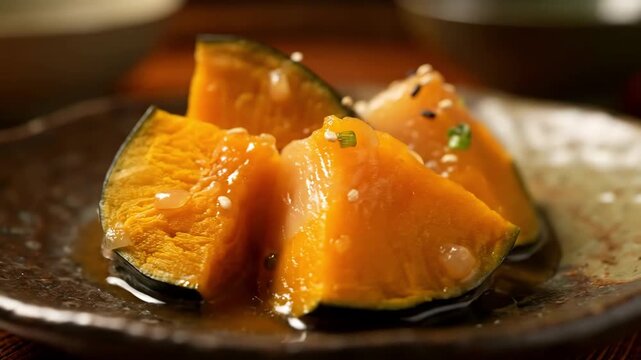 Close-up of traditional Japanese Nimono dish, slow-cooked Kabocha squash segments braised in a sweet and savory dashi sauce, served on a rustic dark plate.