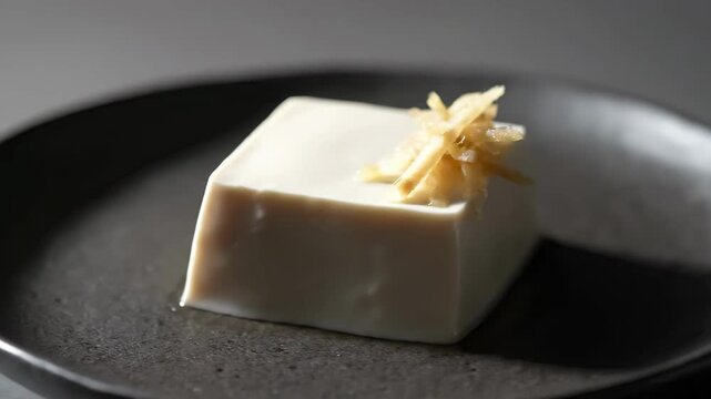 Traditional Japanese Chilled Tofu (Hiyayakko) Appetizer Served on a Dark Plate. Close-up of a block of soft bean curd garnished with fresh shredded ginger, highlighting healthy vegan protein.
