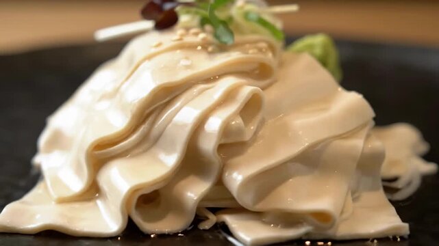 Macro shot of Chinese cold dish: Tofu sheets or wide noodles tossed in creamy sesame sauce (Liang Pi style), topped with sprouts and seeds, served on a dark restaurant plate.