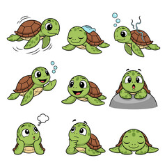 Naklejka premium Nine cartoon turtles with various happy and funny expressions