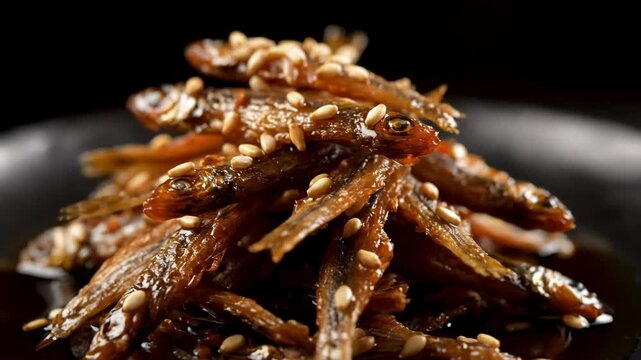 Close-up of glossy glazed dried small fish piled high on a plate, garnished with pine nuts or sesame seeds, a delicious traditional Asian savory food delicacy.