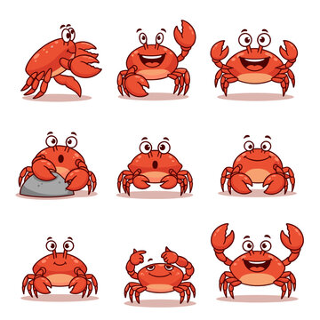 Smiling crabs in various poses and expressions
