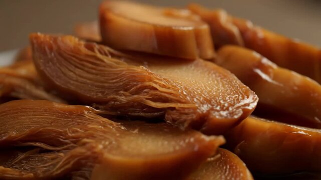 Close-up of glossy, braised bamboo shoots (Nimono/Menma) served, highlighting the caramelized texture and rich brown sauce, a traditional savory Japanese appetizer.